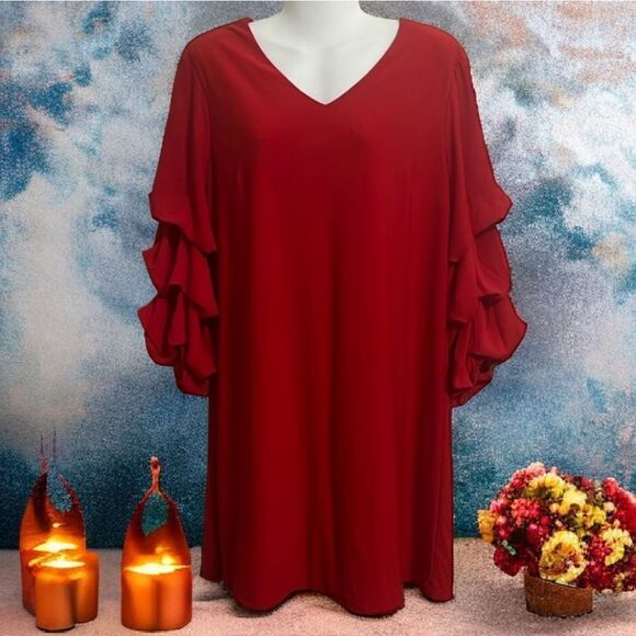 CATO Red Shift Dress Mameluke Tiered Puff Sleeve A-line V-Neck Flowy Midi Knee L - Picture 9 of 10